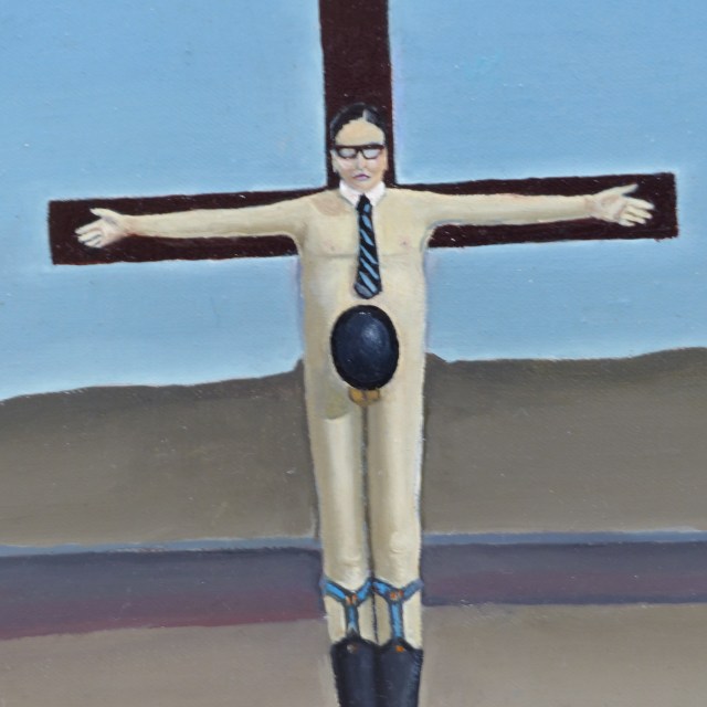 An officer worker nailed to the cross, naked except for boots and suspenders, a collar and tie, and a bowler hat.