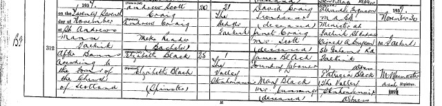 Marriage certificate of AS Craig and Elizabeth Black, 27 November 1937