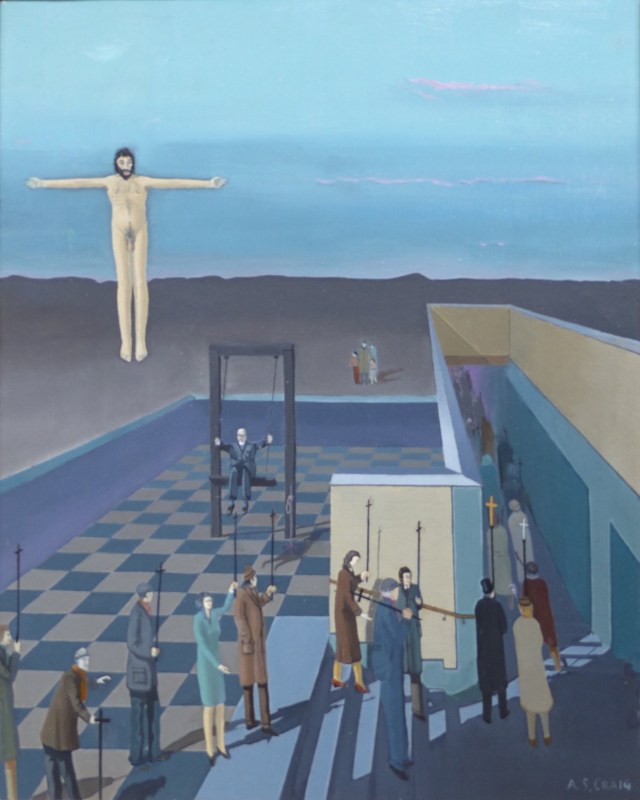 Jesus in cruciform without a cross levitates above a vicar on a swing and a queue of believers disappearing down a tunnel